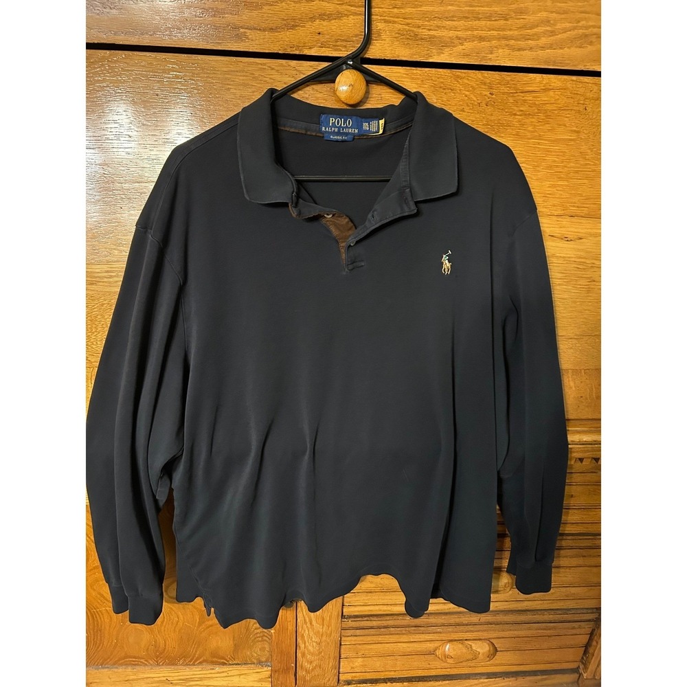 Polo Ralph Lauren Mens XXL Black Flesh Logo Long Sleeve Polo Shirt Classic Fit